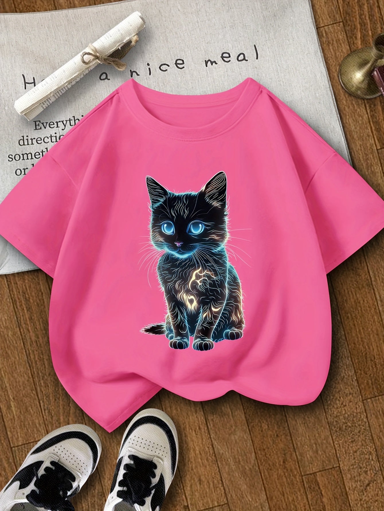 Girls' Glowing Cat (Glow-in-the-Dark) Print T-Shirt - Summer Short Sleeve Round Neck Top with -Activated Feline Design for 8-14 Year Olds, Machine Washable Casual Wear for & Parties - Blouse