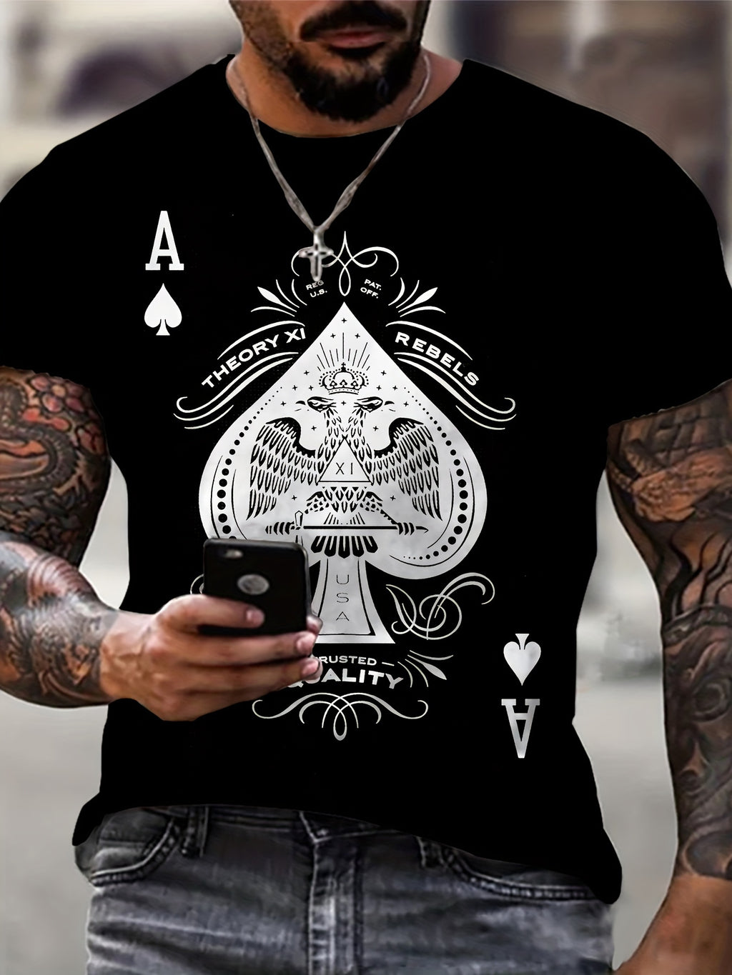 Men's Oversized Fit Suitable for: Casual Streetwear T-Shirt with Spade A Print - Loose Fit Round Neck, Machine Washable Sporty Hip Hop Shirts