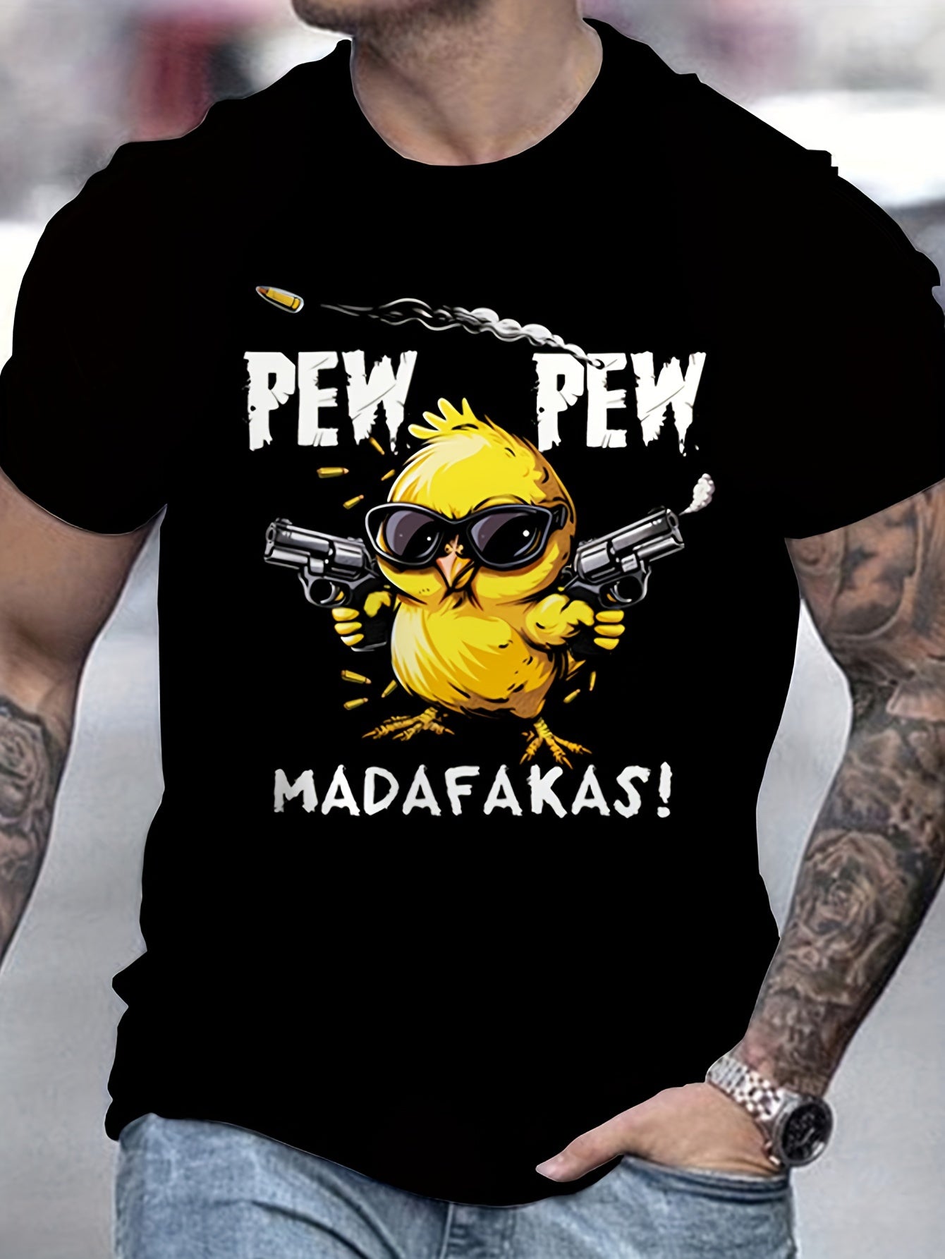 Men's Cool Chick PEW PEW Print T-Shirt Summer Casual Round Neck Short Sleeve Outdoor TopsPrint T-Shirt Summer Casual Round Neck Short Sleeve Outdoor Tops