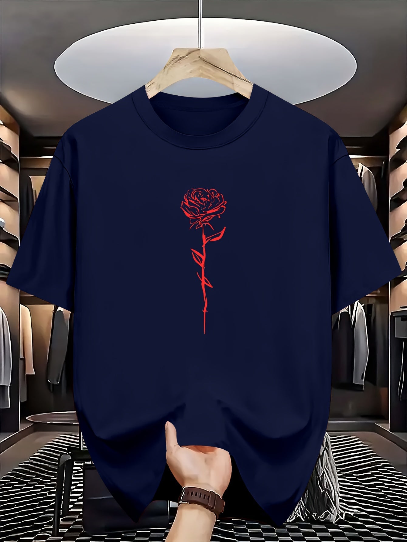 Men's Summer Short-Sleeve Round Neck T-Shirt - Casual & Sportswear Layering Base Shirt with Geometric Rose Print, Breathable for Hot Weather, Machine Washable Casual Outdoor Wear Suitable for Casual Outfits & Layering Pieces