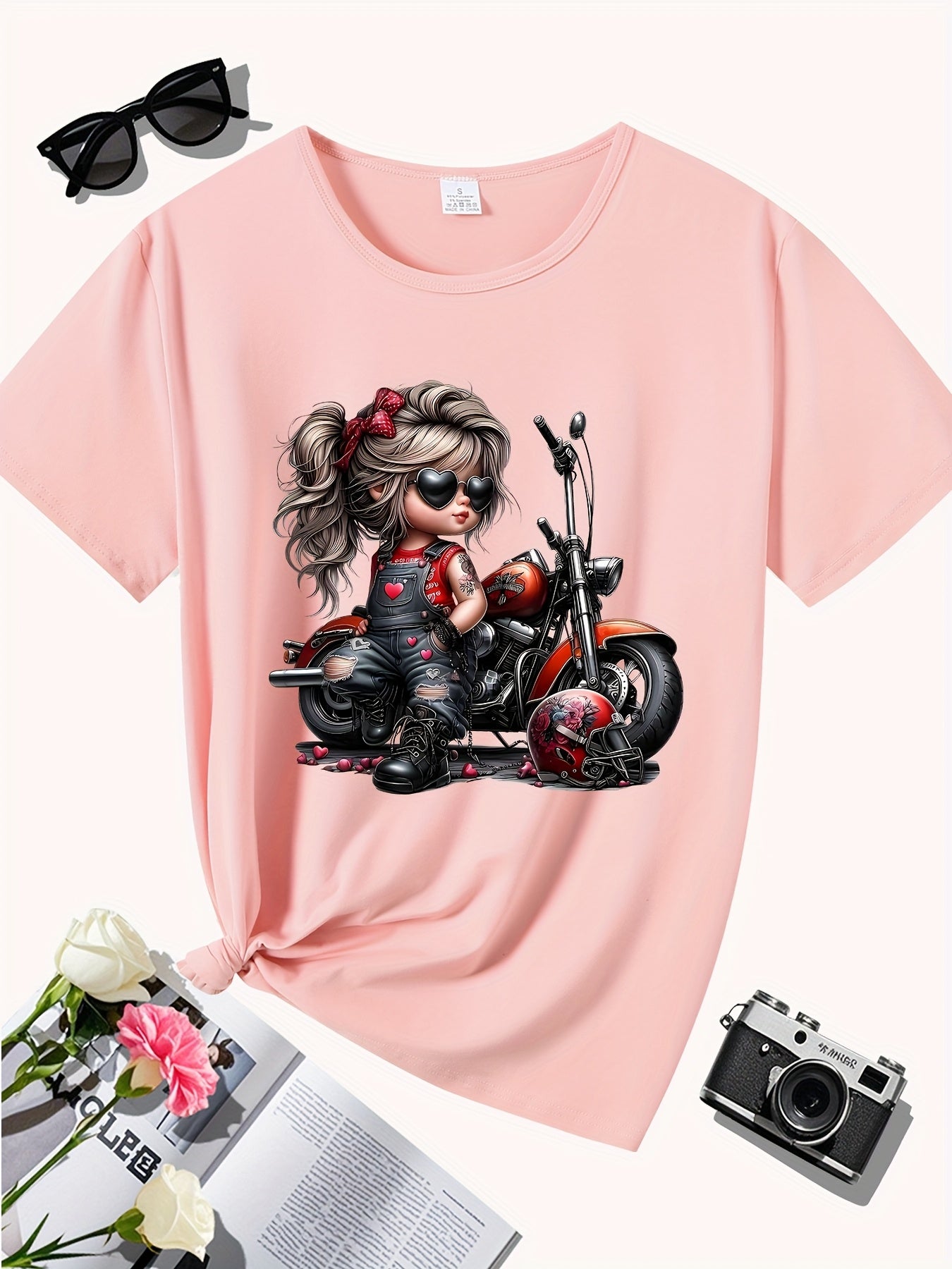 Fashion Motorcycle, Gift, Holiday Edition, Novelty Print, New Women's Round Neck Casual Sport All-Season Comfort T-Shirt