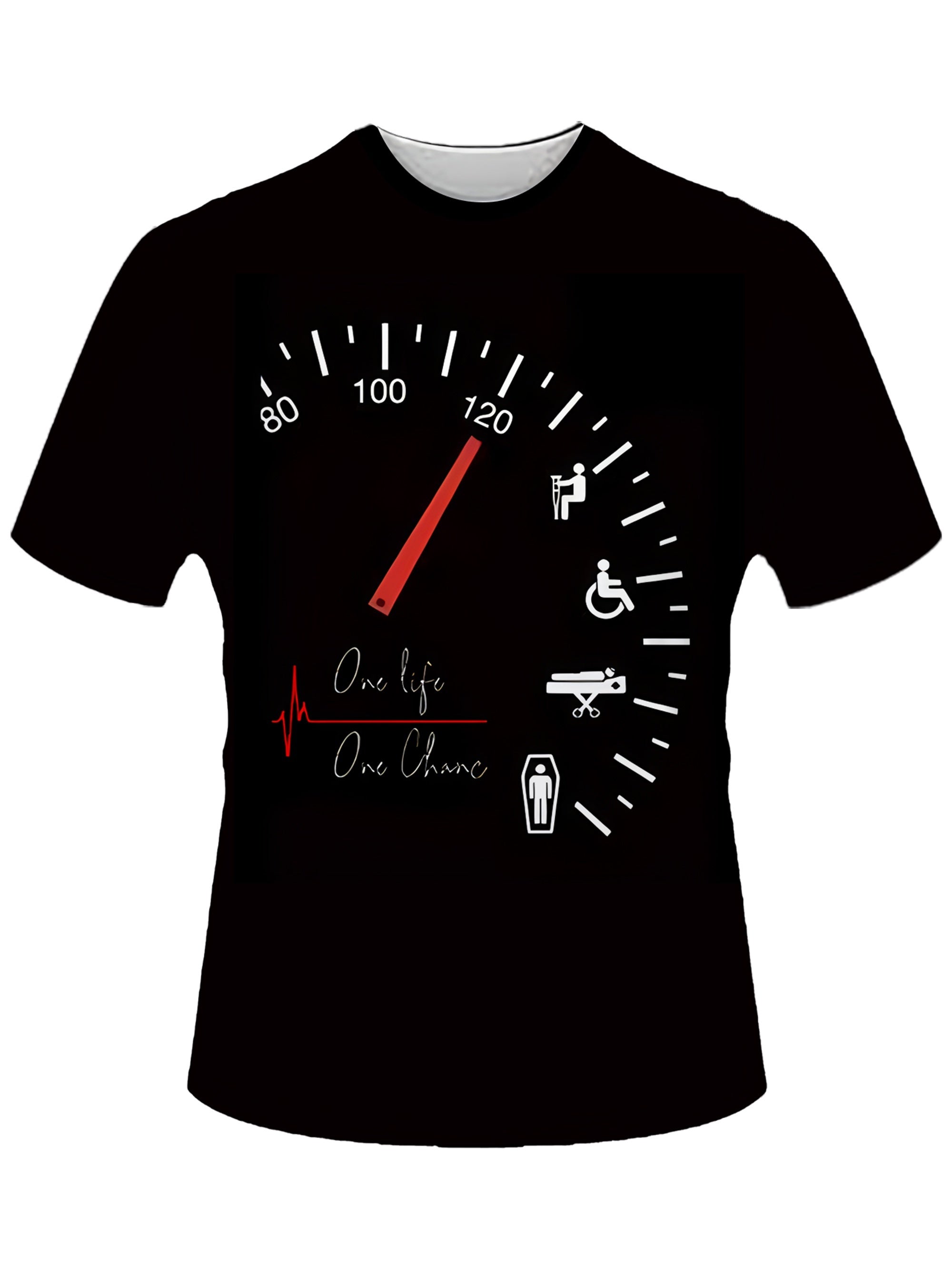 Men's Novelty Car Dashboard Graphic Tee - Casual Black Polyester T-Shirt with 3D Speedometer Print, Round Neck, Short Sleeves - Perfect for Summer Wear, Retro T Shirt