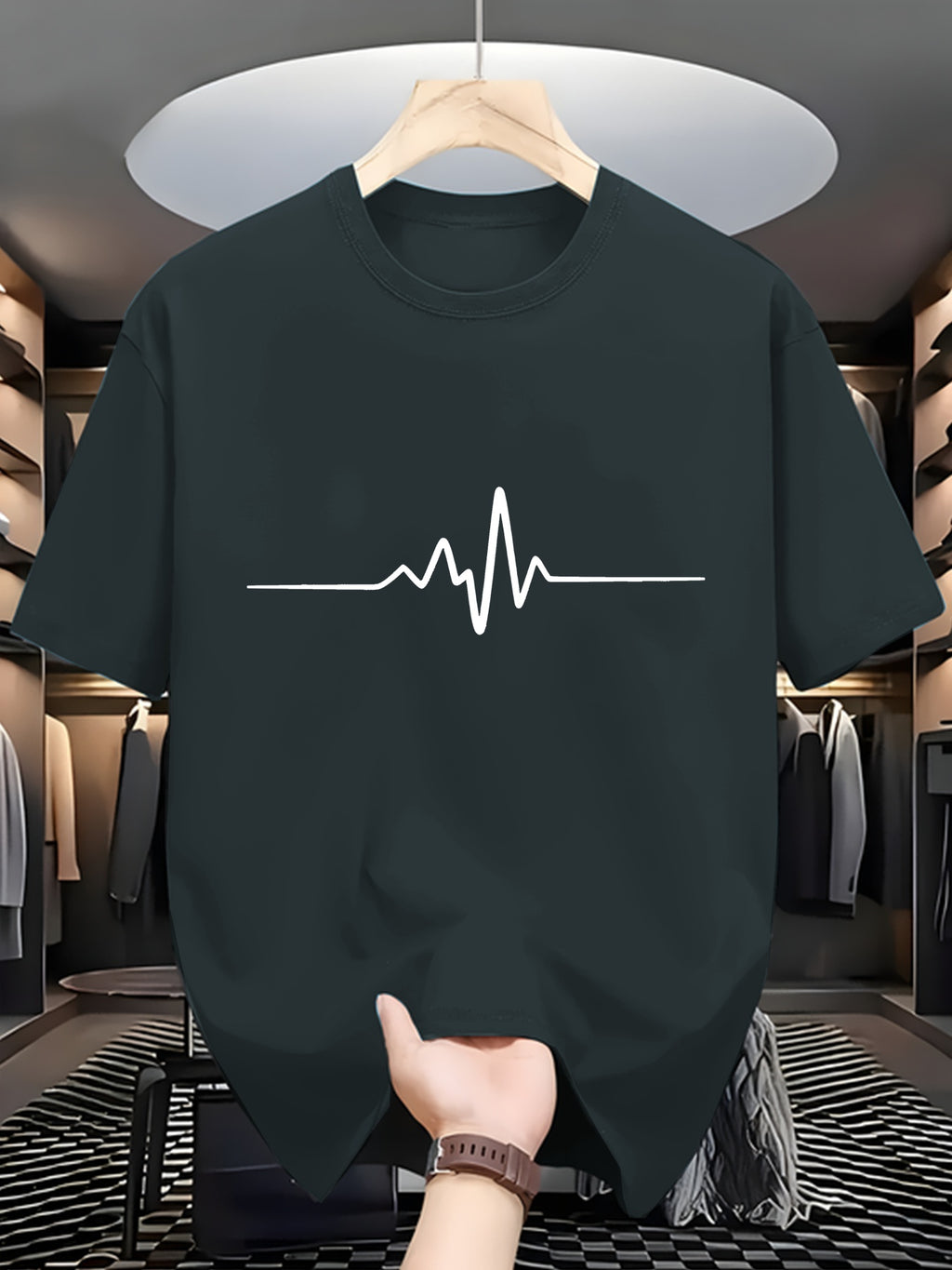 Men'S Polyester Short Sleeve Shirt, Lightweight Breathable Fashion Printed T-Shirt, Creative Heart Rate Graph Print, Perfect for Travel/Summer/Beach, Daily Casual/Home, 2025 /