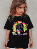 A Casual And Trendy Short-Sleeved T-Shirt Featuring a Cartoon of a Small Black Cat, Perfect for Enjoying Milk Tea. This Elastic Round-Neck Top Is Ideal for ' Everyday Wear in The Spring And Summer