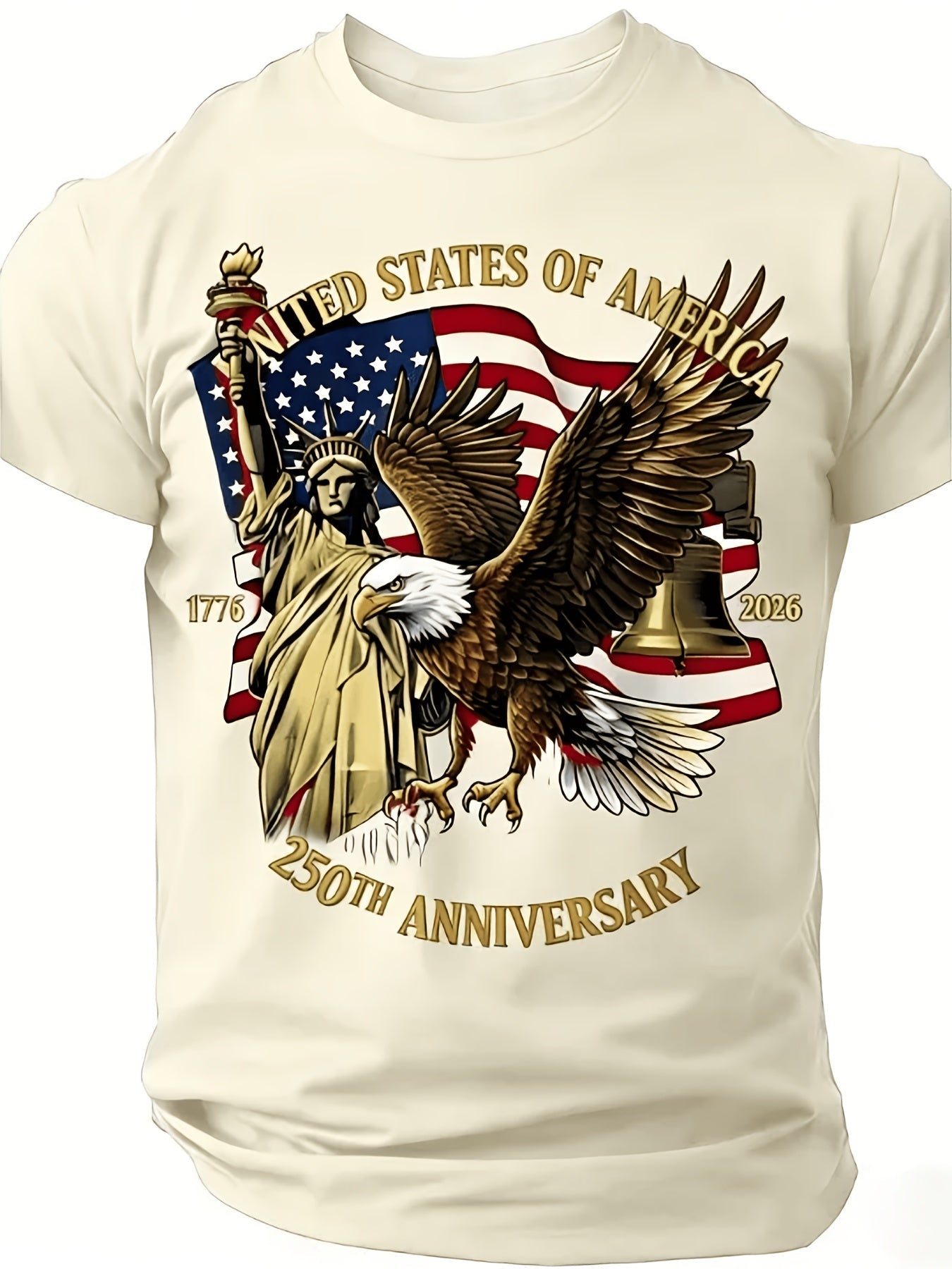 Large Round-Neck Short-Sleeved T-Shirt, Large Independence Day 250Th Anniversary T-Shirt, Featuring The National Flag, Eagle, And Statue of Liberty Prints, Loose-Fitting Top, Plus Size
