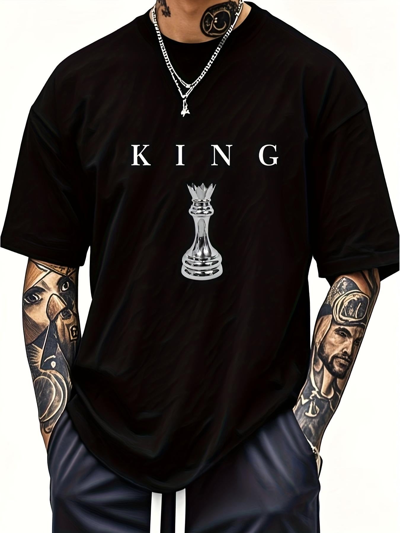 Men'S 180G Heavy T-Shirt by THE KING - Black with Chess King Design, Casual Short Sleeve Round Neck Shirt