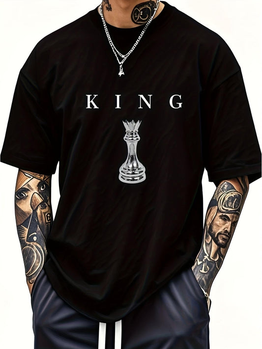 Men'S 180G Heavy T-Shirt by THE KING - Black with Chess King Design, Casual Short Sleeve Round Neck Shirt