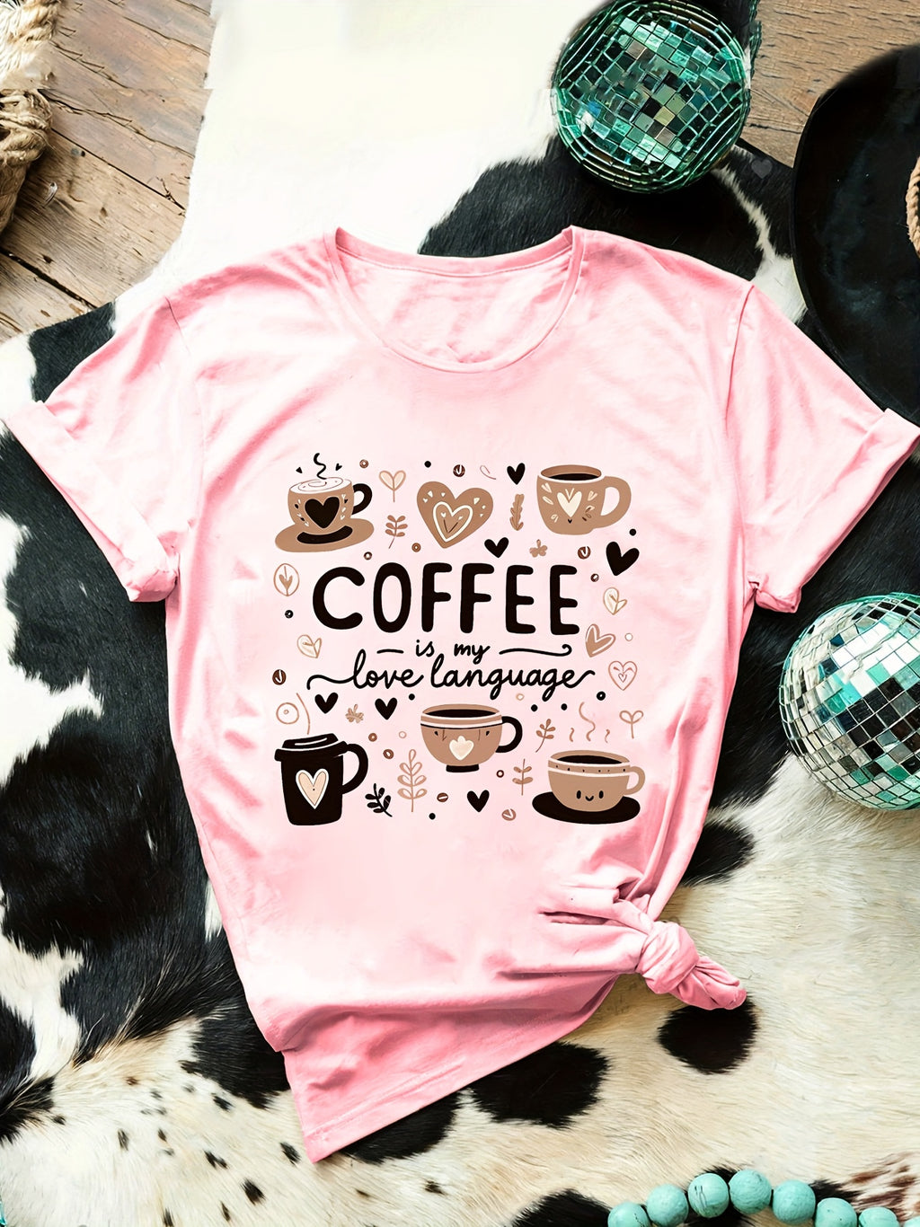 Cute Coffee Graphic Print T-Shirt, Short Sleeve Crew Neck Casual Top for Summer And Spring, Women'S Clothing