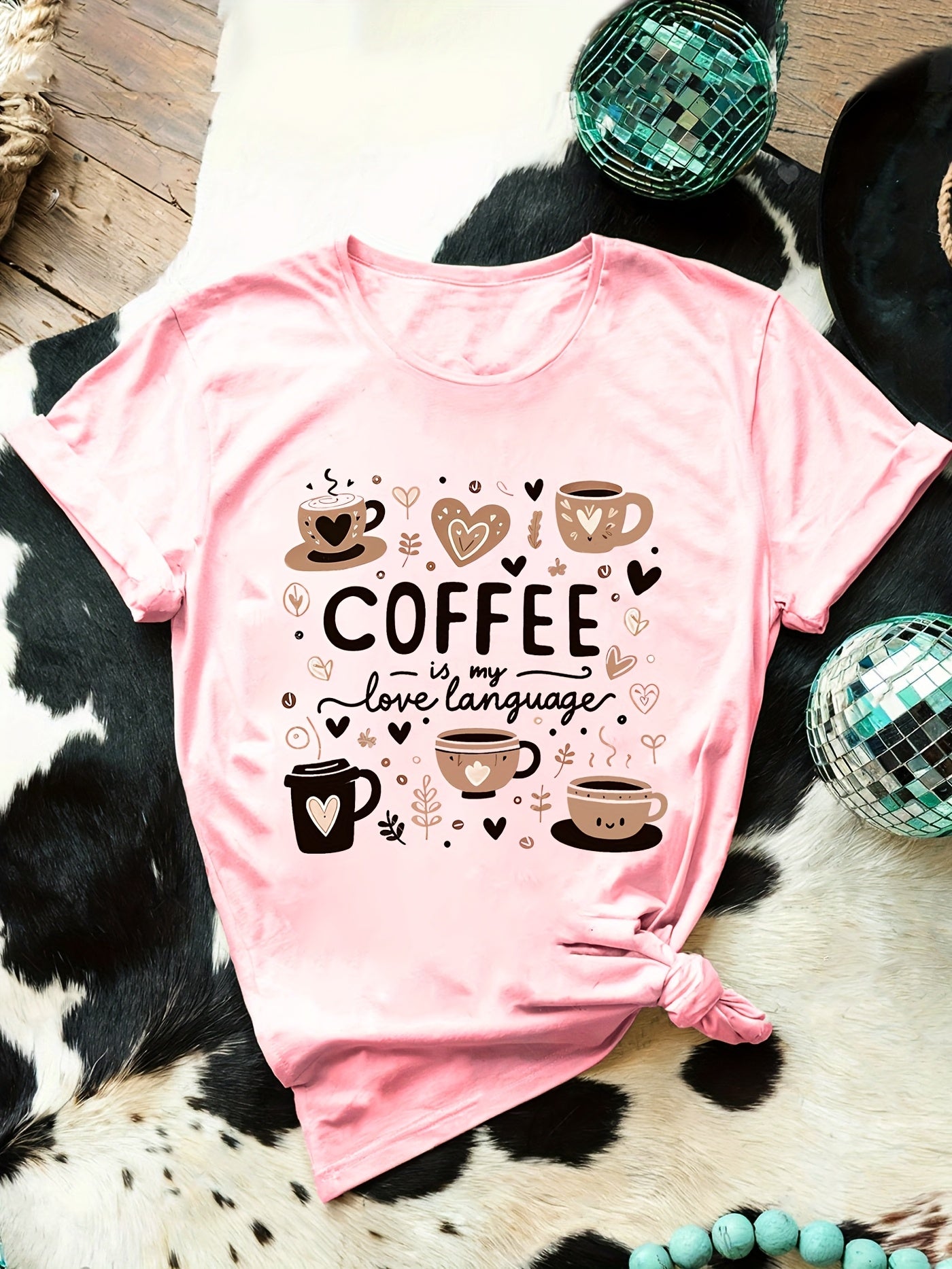 Cute Coffee Graphic Print T-Shirt, Short Sleeve Crew Neck Casual Top for Summer And Spring, Women'S Clothing