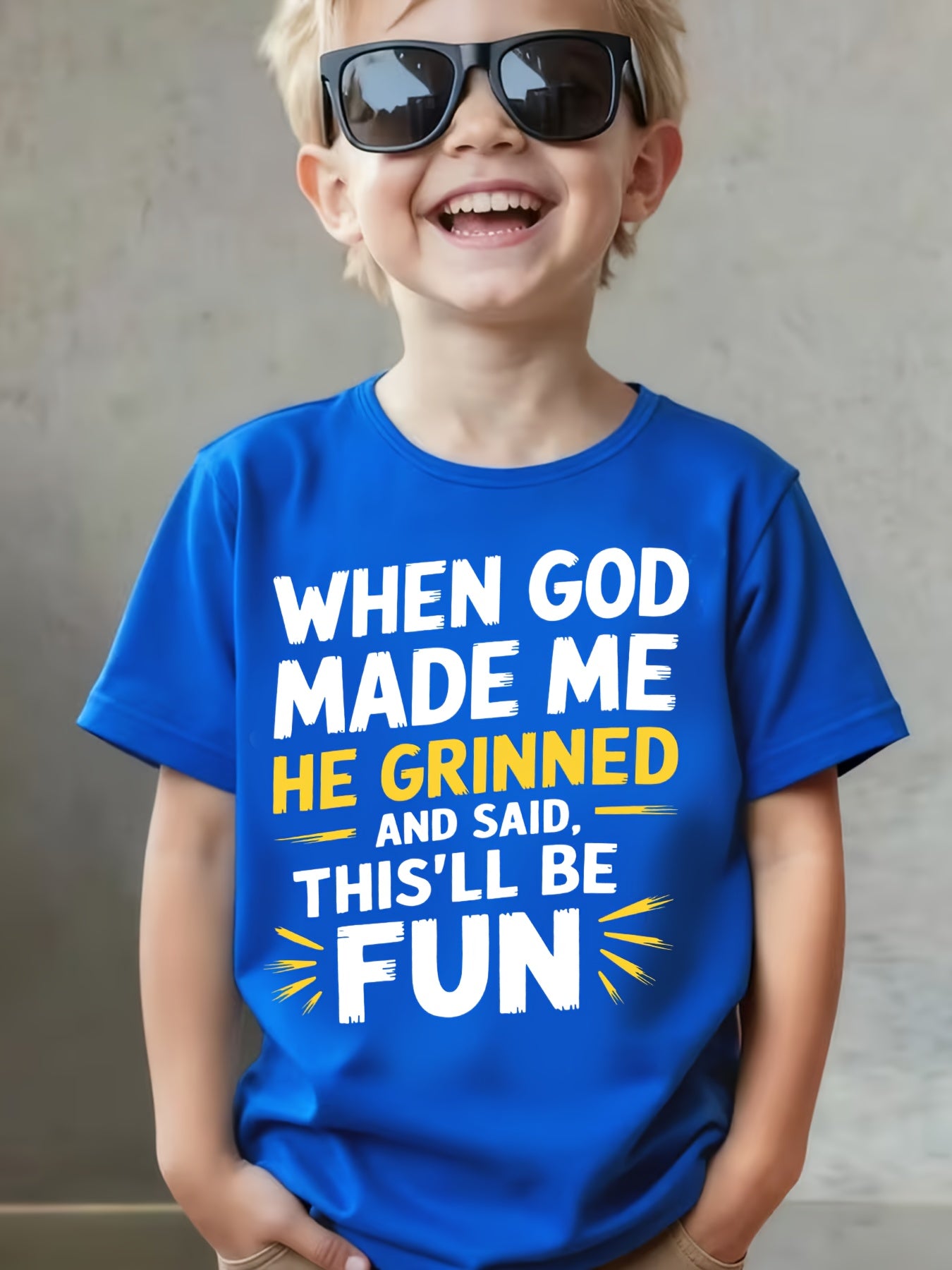 Summer Travel And Leisure Wear, Youth Trendy Short-Sleeved T-Shirt "When God Created Me, He Smiled And Said, 'This Will Be Fun'" Clothing Gift, Boys' Round Neck Short-Sleeved T-Shirt, Boys' Summer Clothing