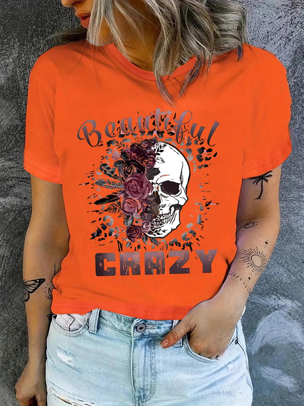 Skull & Letter Print T-shirt, Casual Crew Neck Short Sleeve T-shirt, Women's Clothing
