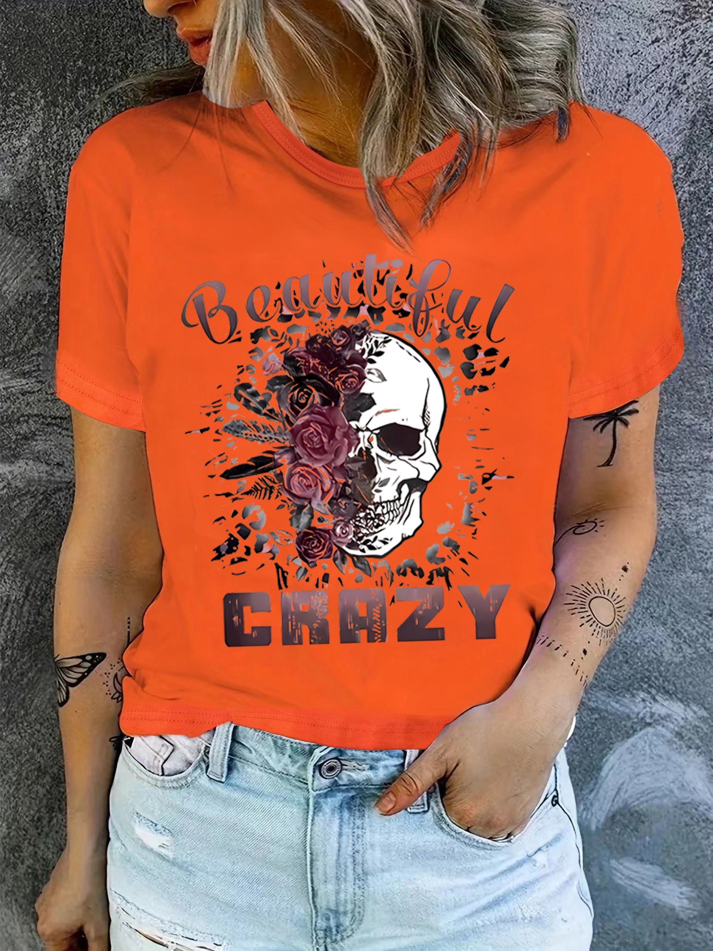 Skull & Letter Print T-shirt, Casual Crew Neck Short Sleeve T-shirt, Women's Clothing