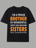 Men's 'Proud Sister and Brother' Graphic T-Shirt- Casual Short Sleeve Crew Neck Summer Top, Spring Outdoor Wear, Machine Washable Regular Fit, Bold Blue Letter Design, Breathable Comfortable Fabric