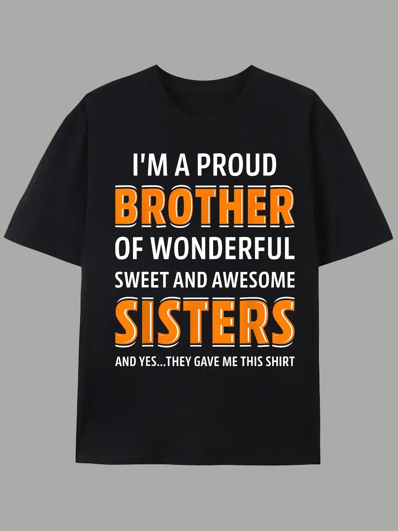Men's 'Proud Sister and Brother' Graphic T-Shirt- Casual Short Sleeve Crew Neck Summer Top, Spring Outdoor Wear, Machine Washable Regular Fit, Bold Blue Letter Design, Breathable Comfortable Fabric