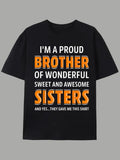 Men's 'Proud Sister and Brother' Graphic T-Shirt- Casual Short Sleeve Crew Neck Summer Top, Spring Outdoor Wear, Machine Washable Regular Fit, Bold Blue Letter Design, Breathable Comfortable Fabric