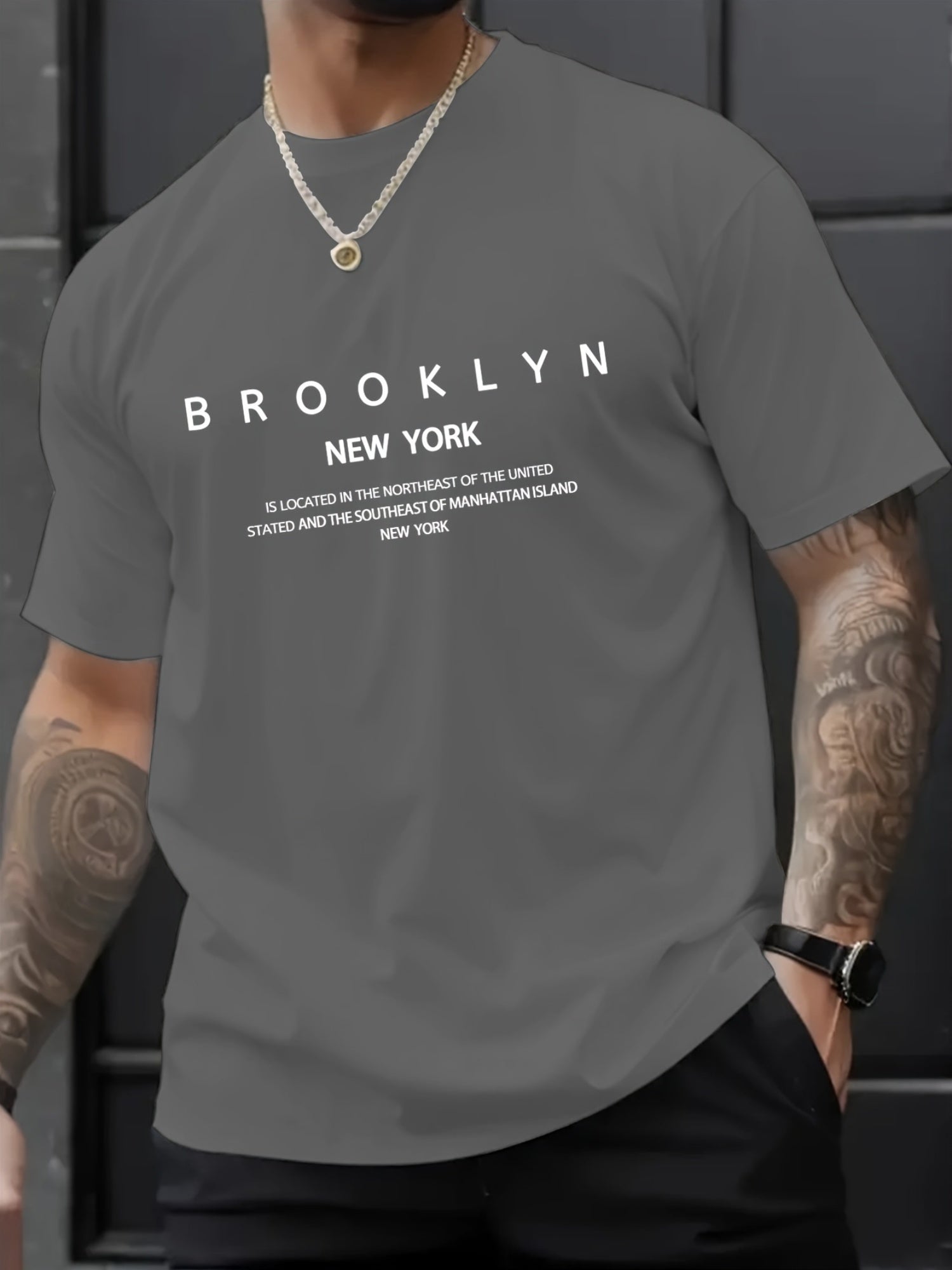 1pc Men's Casual Brooklyn Print T-Shirt, Polyester Knit Fabric, Round Neck, Regular Fit, Soft and Comfortable, Summer Graphic Tee for Adults