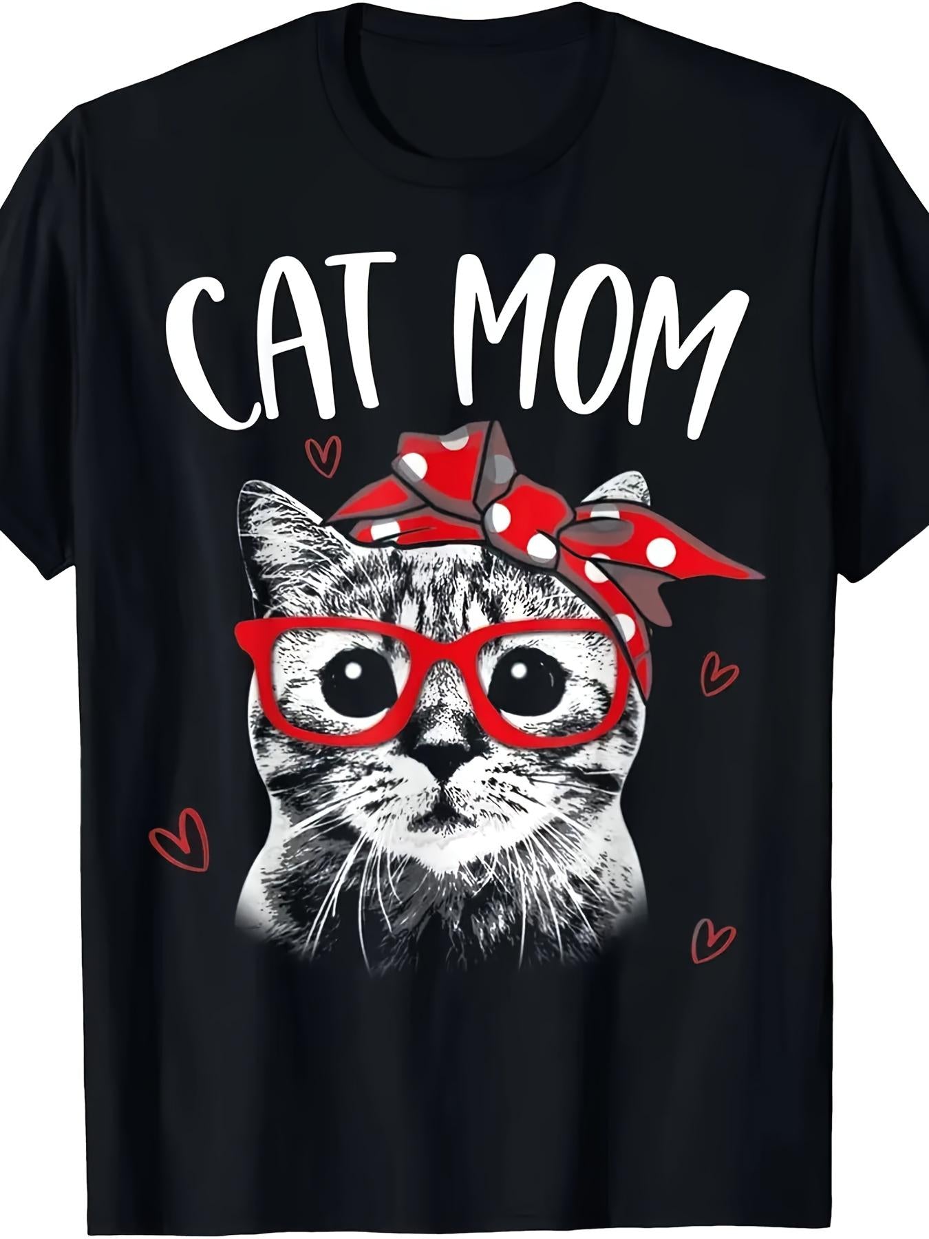 Cat Mom Pattern T-Shirt, Suitable for Women - 100% Cotton 180g Loose Fit Short Sleeve Round Neck, Retro Style Cat with Red Bow and Heart Design, Machine Washable Casual Summer Top, Mother's Day Gift, Cat T-Shirt, Daily Wear, Lively Design, Durable Materia