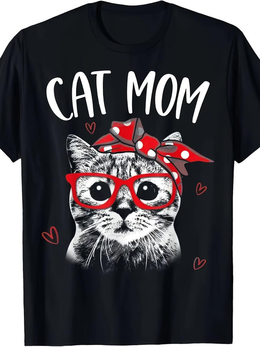 Cat Mom Pattern T-Shirt, Suitable for Women - 100% Cotton 180g Loose Fit Short Sleeve Round Neck, Retro Style Cat with Red Bow and Heart Design, Machine Washable Casual Summer Top, Mother's Day Gift, Cat T-Shirt, Daily Wear, Lively Design, Durable Materia