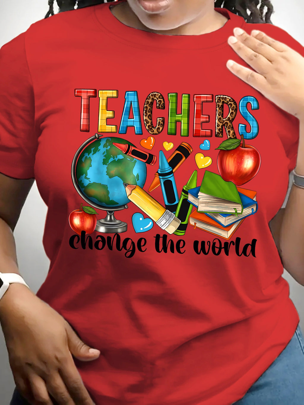 Teacher Print Crew Neck T-Shirt, Casual Short Sleeve T-Shirt for Spring & Summer, Women's Clothing