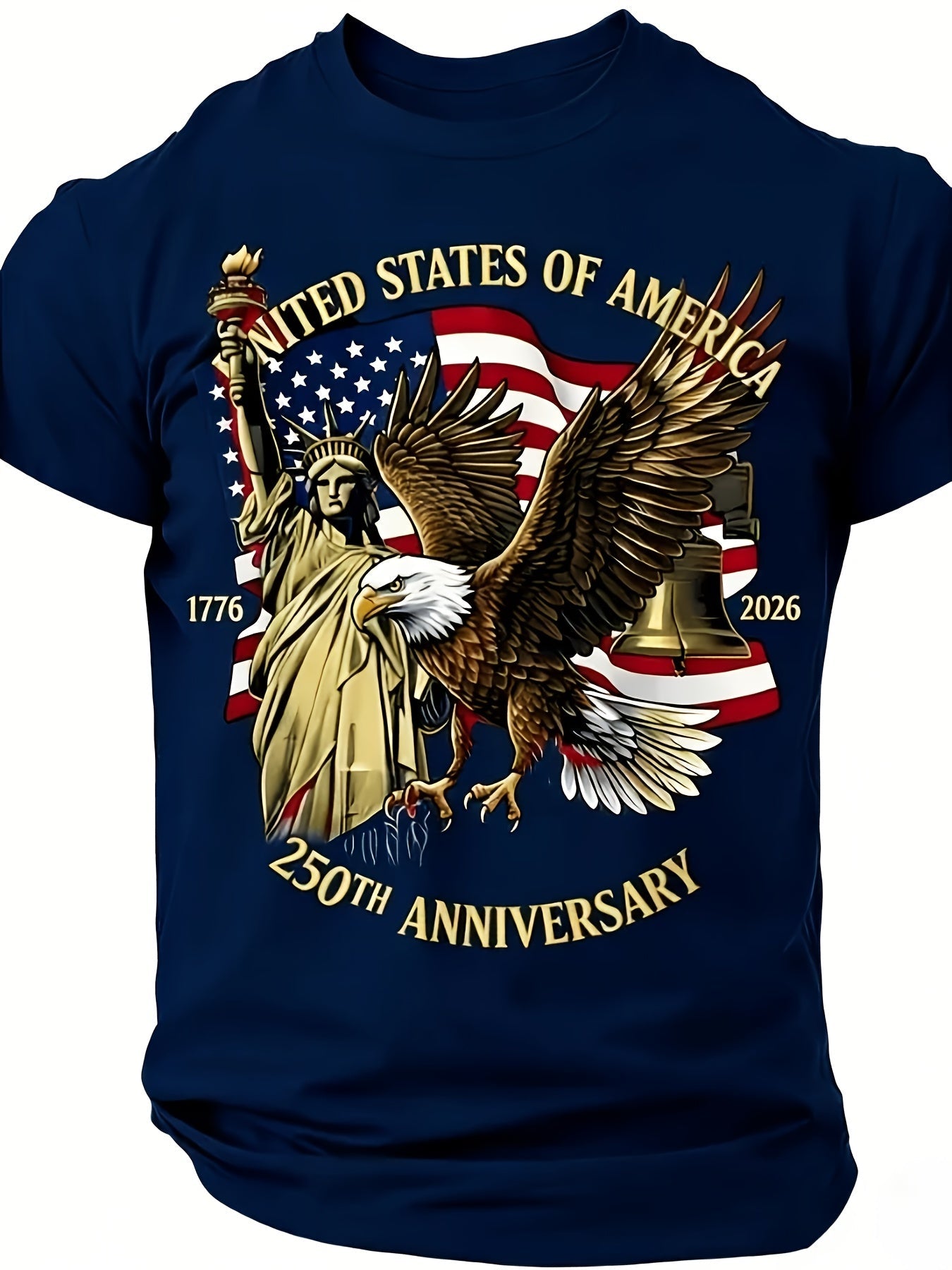Large Round-Neck Short-Sleeved T-Shirt, Large Independence Day 250Th Anniversary T-Shirt, Featuring The National Flag, Eagle, And Statue of Liberty Prints, Loose-Fitting Top, Plus Size