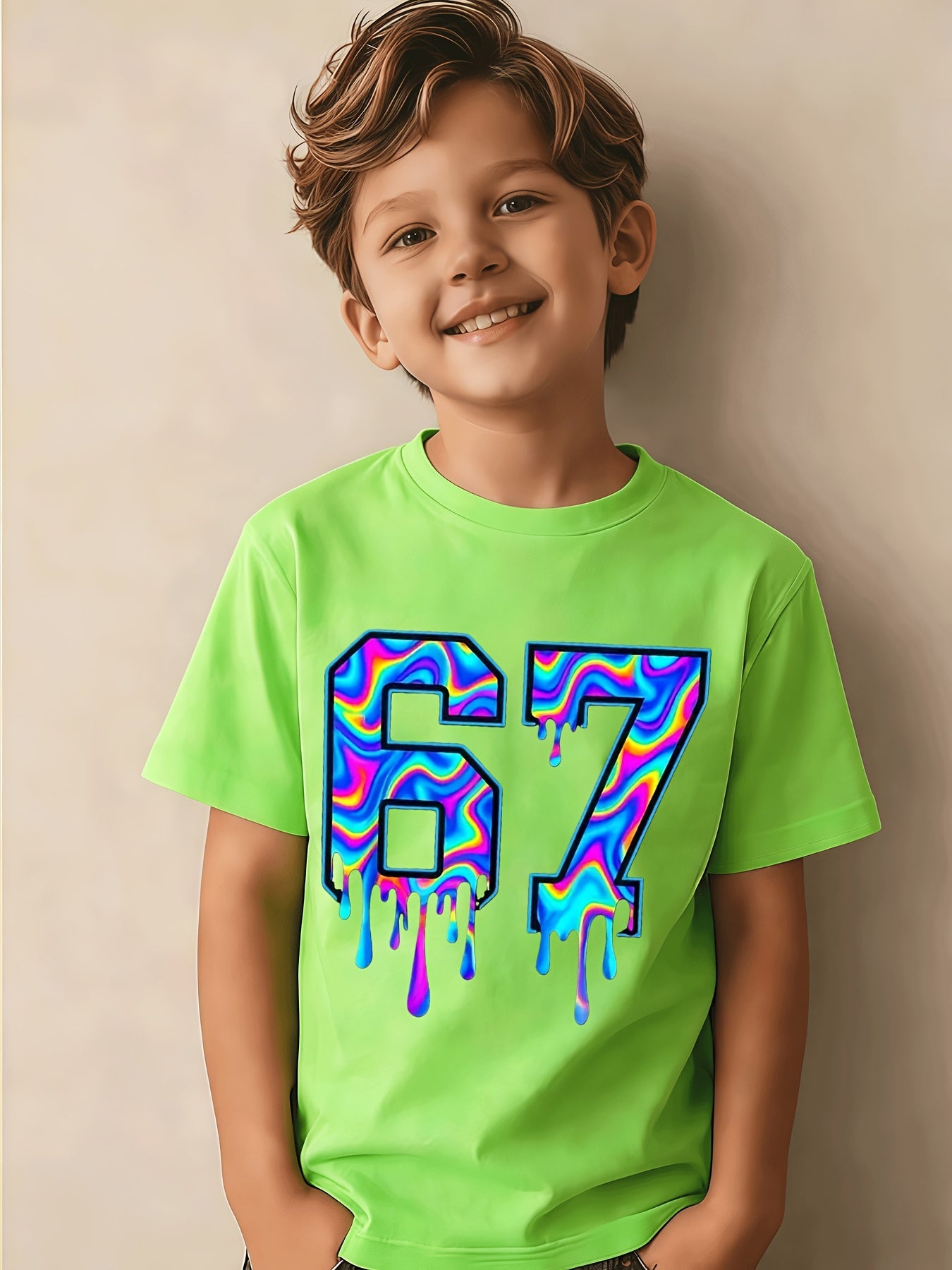 Soft And Breathable Vortex Six Seven Drops 6 7 Boys And Girls Pattern T-Shirt - Crew Neck Shirt, Suitable for Early Elementary School - Birthday Party Clothes Or Everyday Play Clothes - Easy-Care Parent-Favorite Clothes, Casual Wear