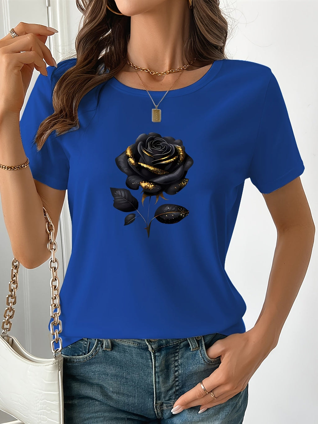 Plus Size, Women's Plus Size Oversized Black T-Shirt with Elegant Rose Print - Soft Stretch Short Sleeve Round Neck Blouse for All- Casual & Semi-Formal Wear - Machine Washable Comfortable Everyday Top for Larger Females