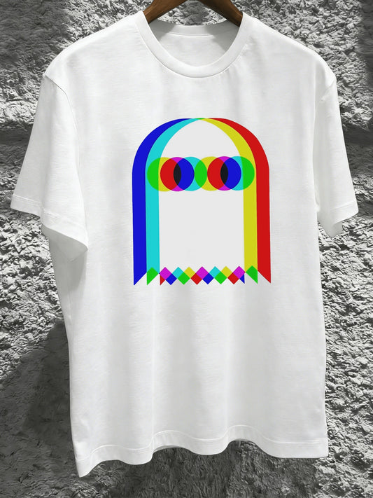 One Men's retro pixel print T-shirt, featuring a colorful spectrum print, breathable and comfortable fabric, crew neck, short sleeves, suitable for casual summer wear, Casual Attire, or outdoor activities.