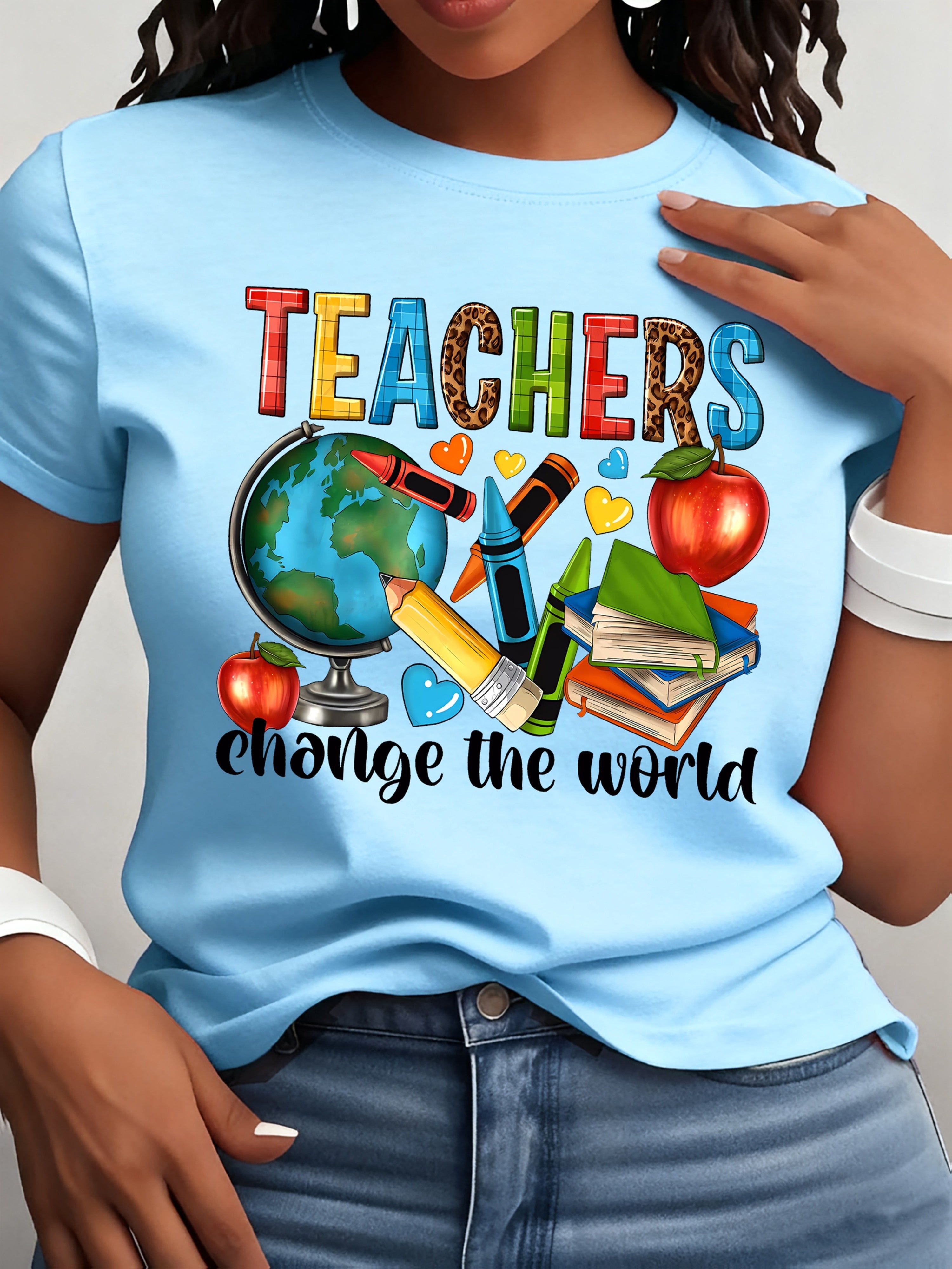 Teacher Print Crew Neck T-Shirt, Casual Short Sleeve T-Shirt for Spring & Summer, Women's Clothing