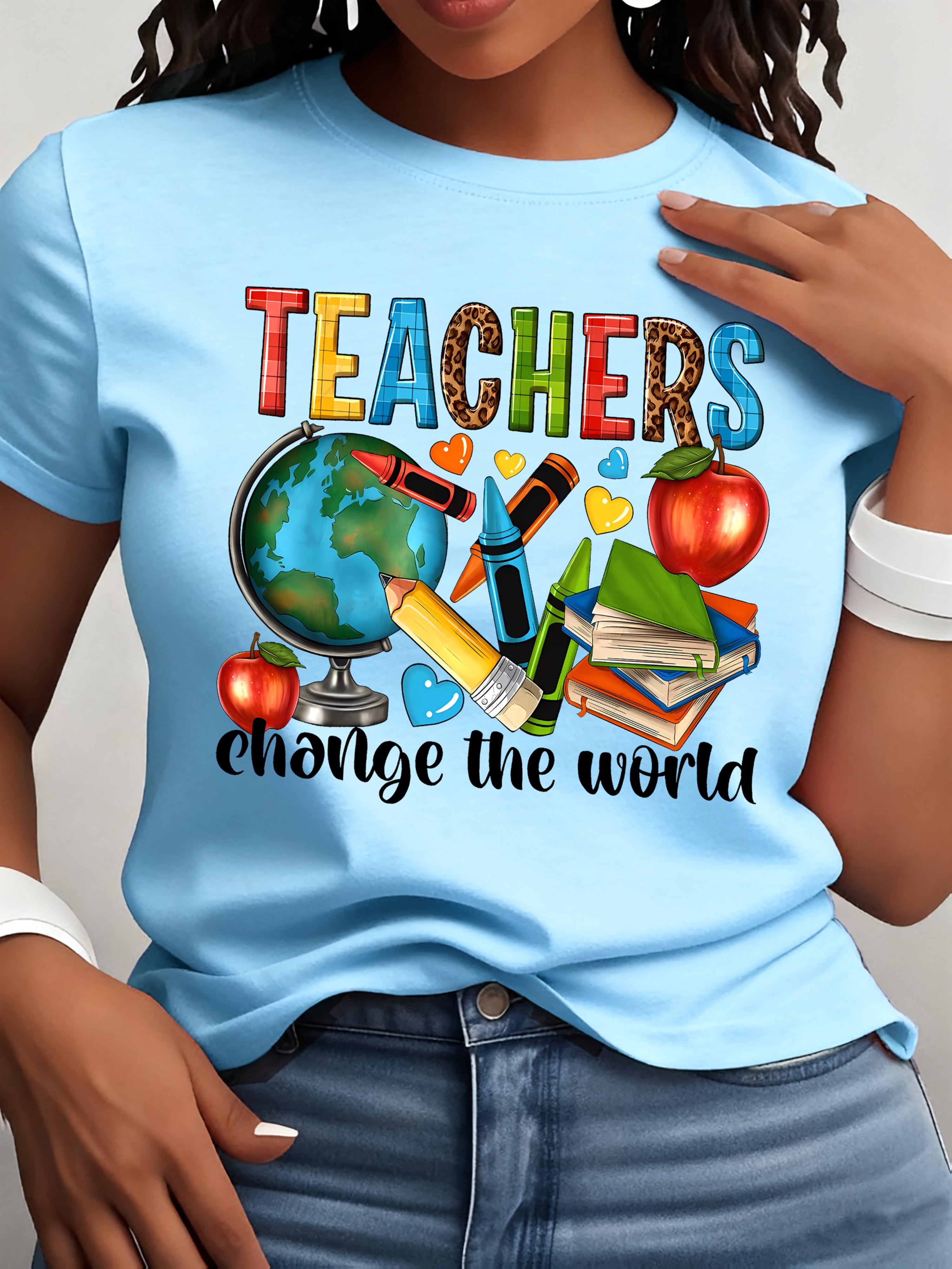 Teacher Print Crew Neck T-Shirt, Casual Short Sleeve T-Shirt for Spring & Summer, Women's Clothing