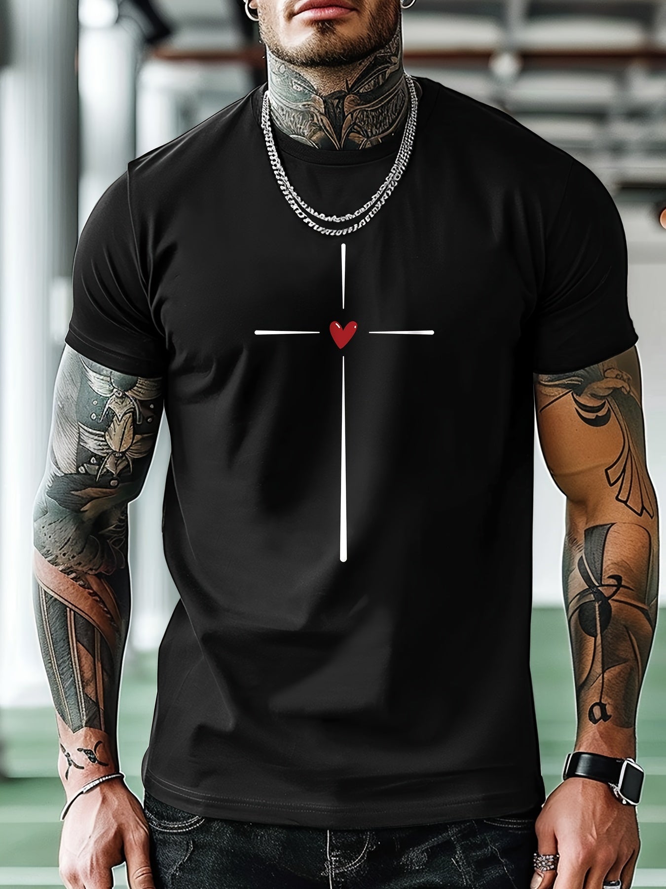 Men's Fashion Casual Cross Heart Line Print Regular Shoulder Short Sleeve T-Shirt, Comfortable and Versatile, All Seasons, Gift, Breathable, Sports