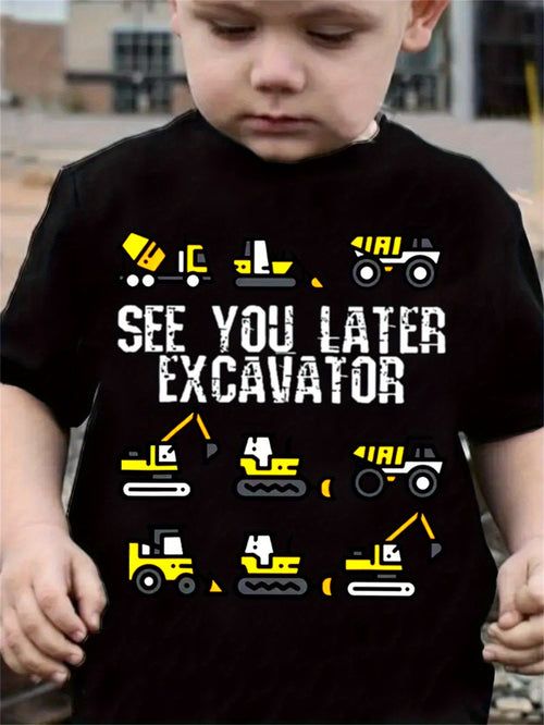 2025  Trendy Cartoon "See You Later" Print T-Shirt, Excavator Anime Casual Kawaii Crew Neck Short Sleeve Top