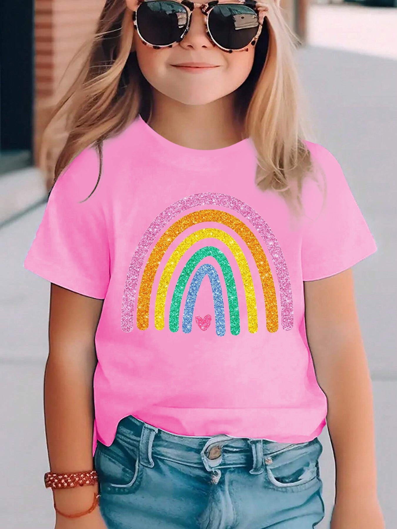 Summer Fashion Girls' Short Sleeve T-Shirt with Rainbow Heart Print, Casual Versatile Top NY-DX5490