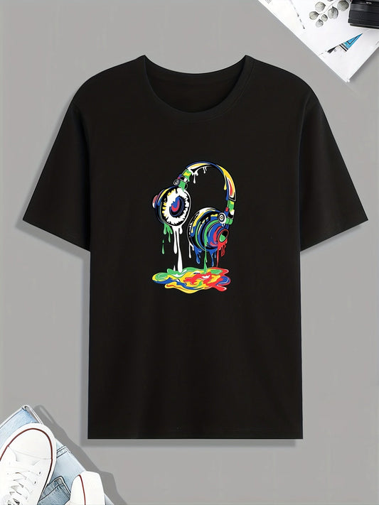 Headset Dripping Color Paint Print T Shirt, Tees For Men, Casual Short Sleeve Tshirt For Summer Spring Fall, Tops As Gifts
