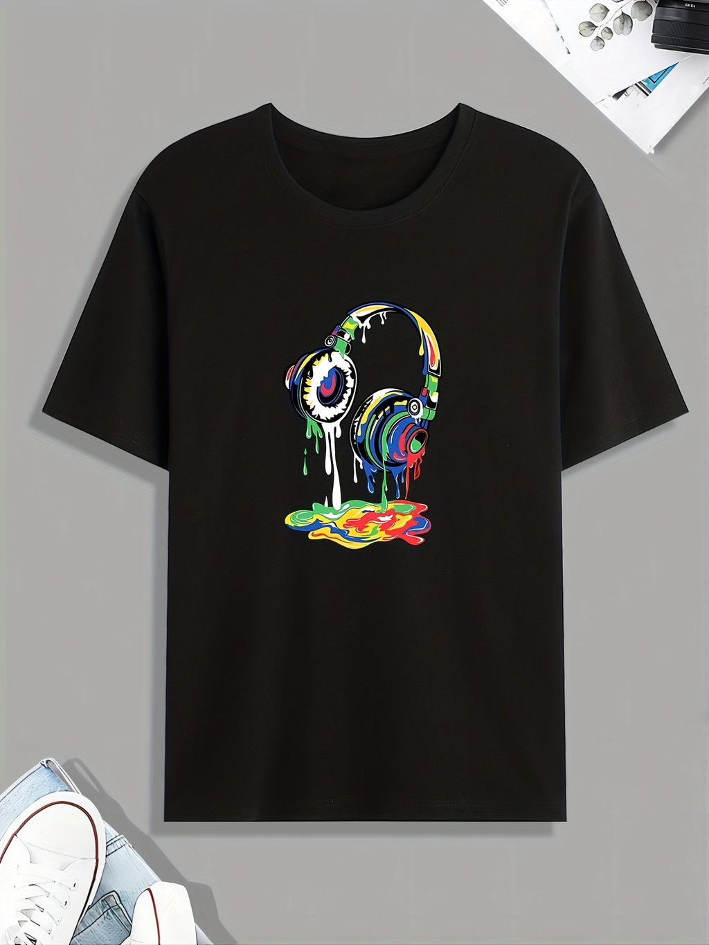 Headset Dripping Color Paint Print T Shirt, Tees For Men, Casual Short Sleeve Tshirt For Summer Spring Fall, Tops As Gifts