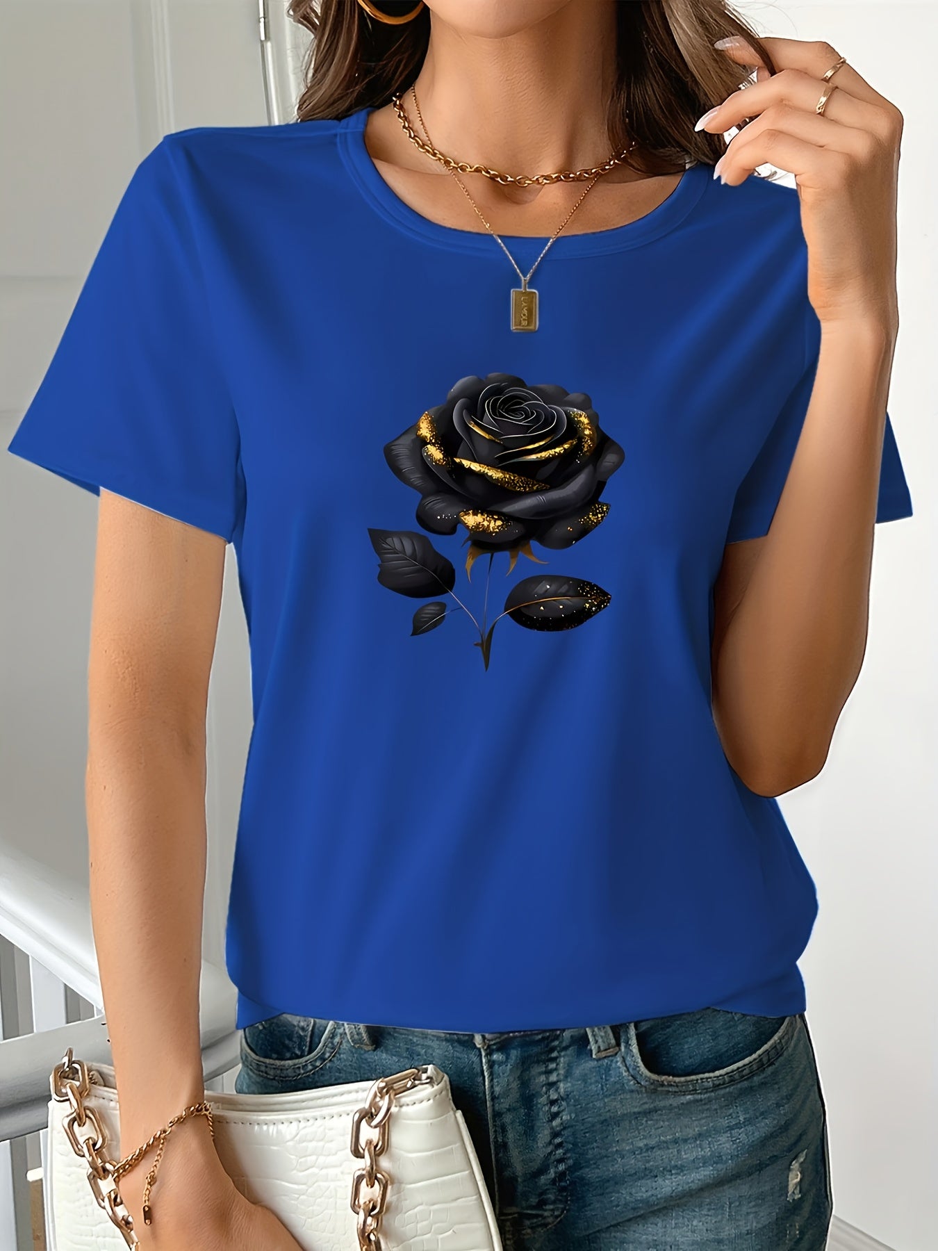 Plus Size, Women's Plus Size Oversized Black T-Shirt with Elegant Rose Print - Soft Stretch Short Sleeve Round Neck Blouse for All- Casual & Semi-Formal Wear - Machine Washable Comfortable Everyday Top for Larger Females