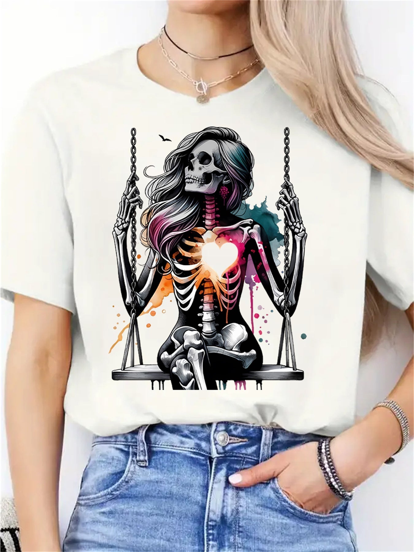 Women's Skeleton Heart Swing Graphic Print T-Shirt - Soft Stretch Round Neck Casual Tee, Machine Washable All-Season Comfort Fit, Sporty Style Shirt, Artistic Fashion Shirt, Nontransparent Fabric