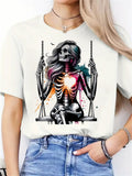 Women's Skeleton Heart Swing Graphic Print T-Shirt - Soft Stretch Round Neck Casual Tee, Machine Washable All-Season Comfort Fit, Sporty Style Shirt, Artistic Fashion Shirt, Nontransparent Fabric