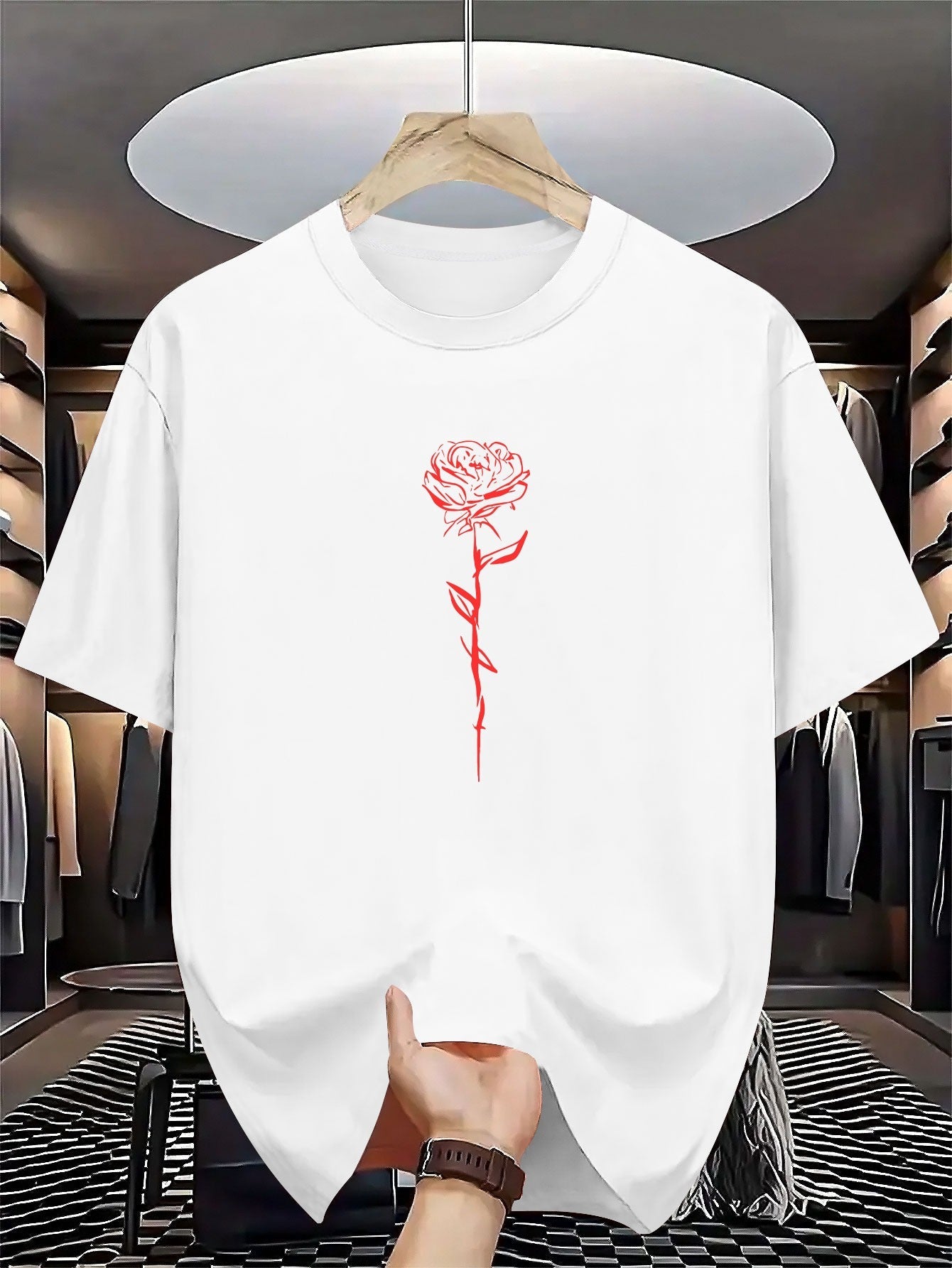 Men's Summer Short-Sleeve Round Neck T-Shirt - Casual & Sportswear Layering Base Shirt with Geometric Rose Print, Breathable for Hot Weather, Machine Washable Casual Outdoor Wear Suitable for Casual Outfits & Layering Pieces