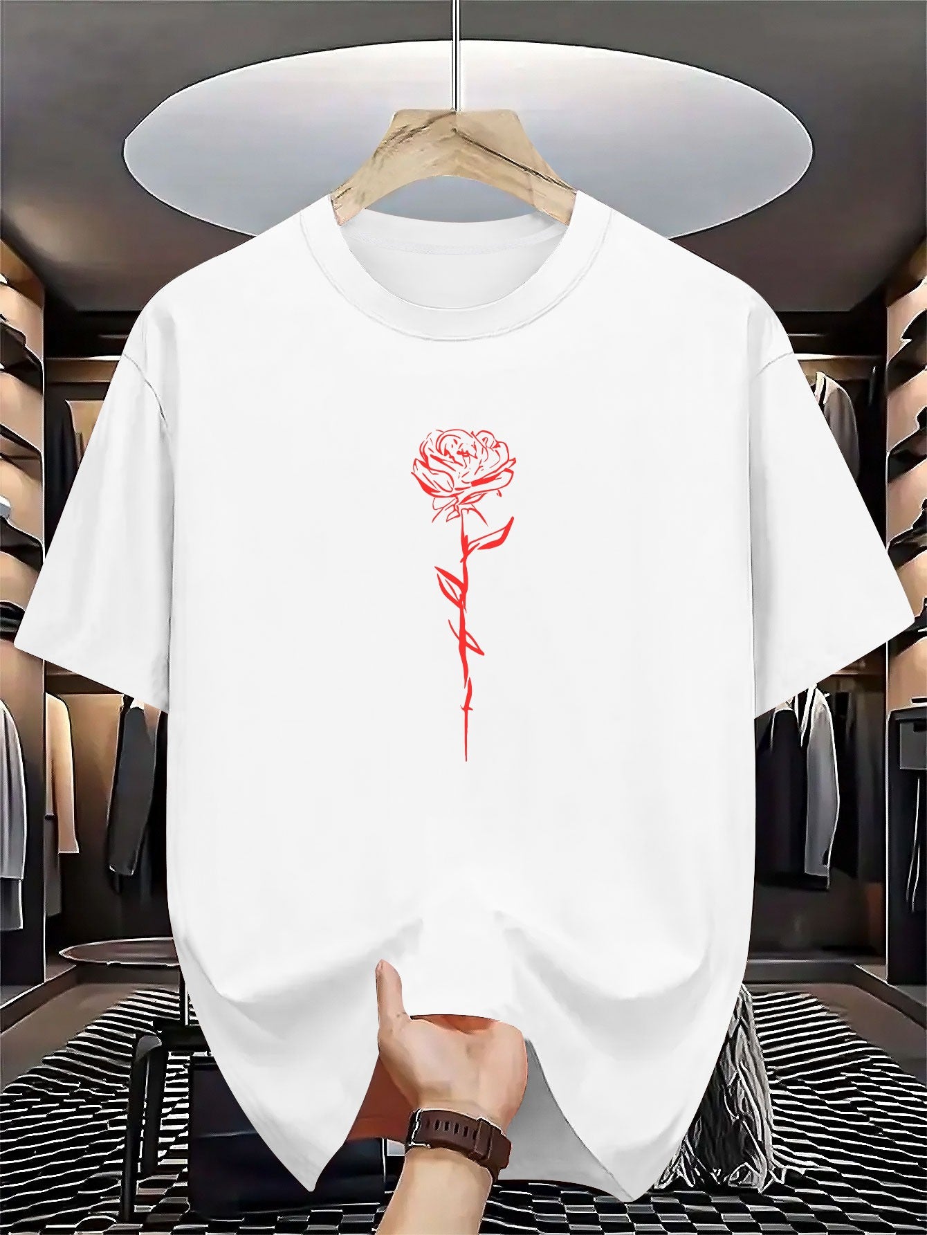 Men's Summer Short-Sleeve Round Neck T-Shirt - Casual & Sportswear Layering Base Shirt with Geometric Rose Print, Breathable for Hot Weather, Machine Washable Casual Outdoor Wear Suitable for Casual Outfits & Layering Pieces