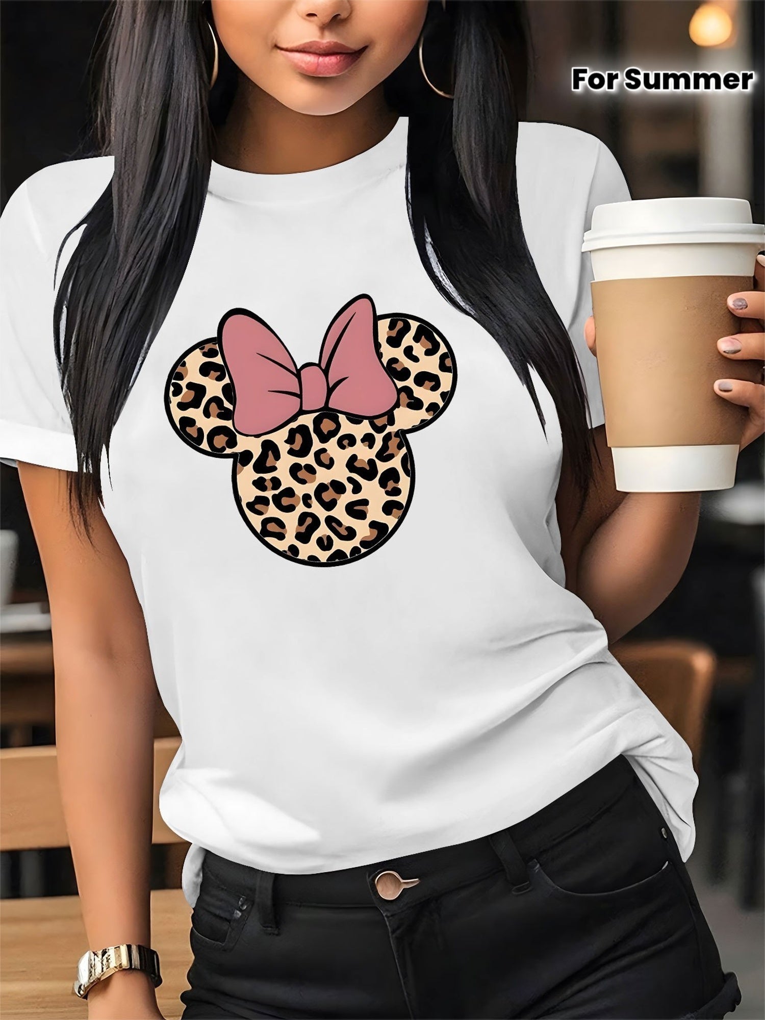 Women'S Casual Graphic Print T-Shirt - Short Sleeve Crew Neck, Leopard Print Bow Design, Lightweight Polyester, Perfect for Spring & Summer Outfits, Leopard Print Blouse