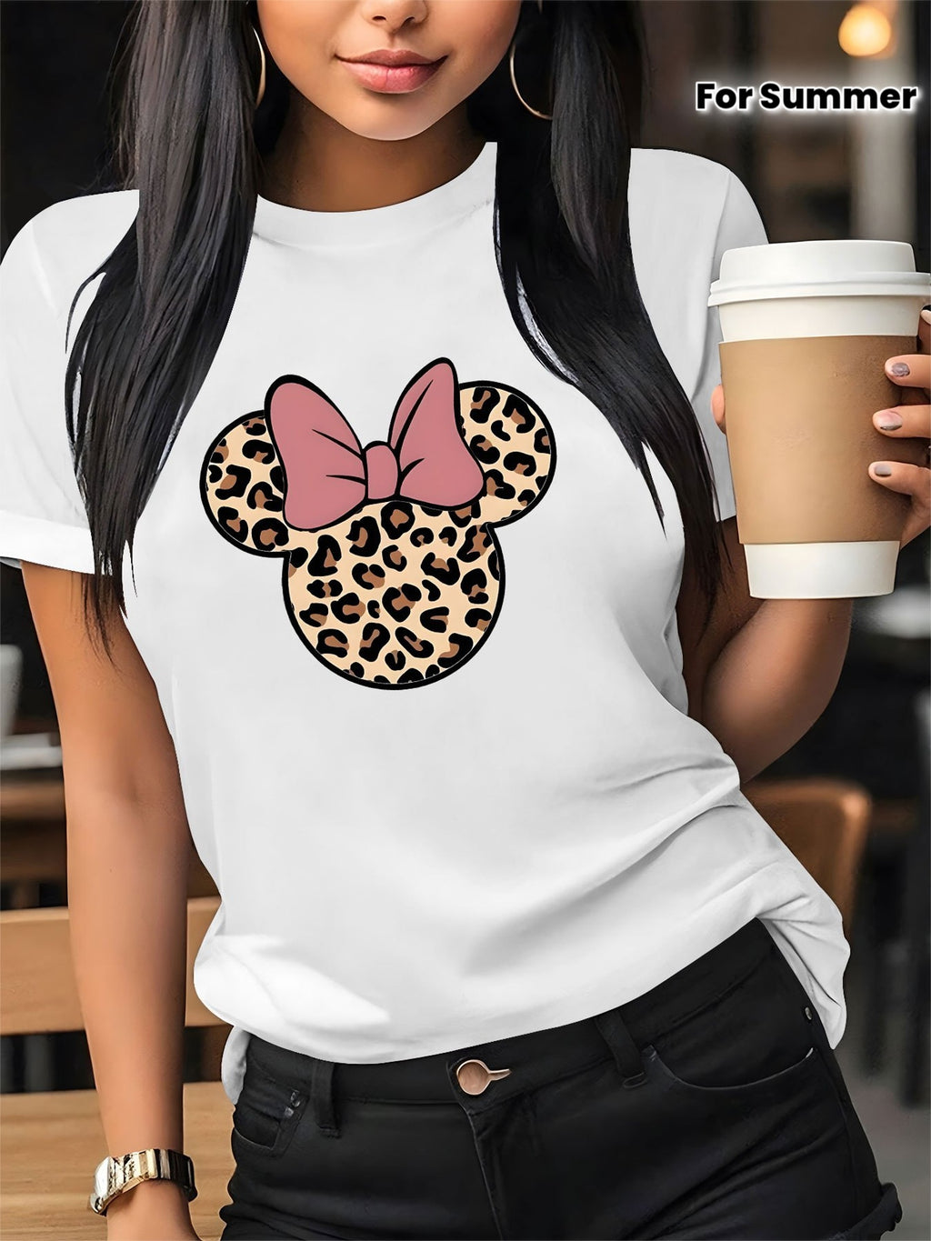 Women'S Casual Graphic Print T-Shirt - Short Sleeve Crew Neck, Leopard Print Bow Design, Lightweight Polyester, Perfect for Spring & Summer Outfits, Leopard Print Blouse