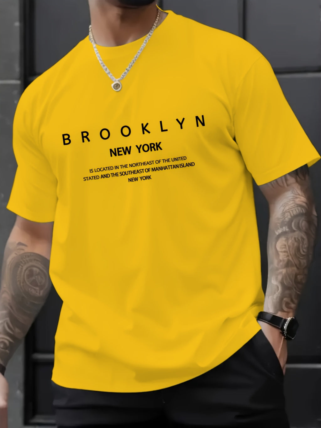 1pc Men's Casual Brooklyn Print T-Shirt, Polyester Knit Fabric, Round Neck, Regular Fit, Soft and Comfortable, Summer Graphic Tee for Adults