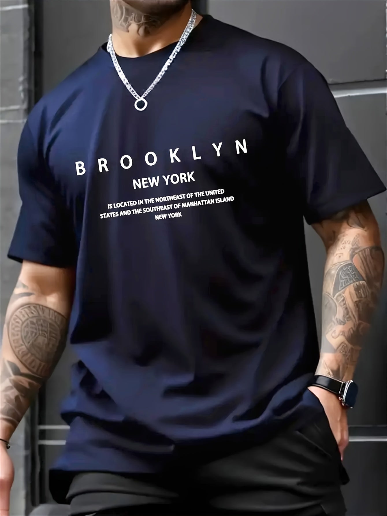1pc Men's Casual Brooklyn Print T-Shirt, Polyester Knit Fabric, Round Neck, Regular Fit, Soft and Comfortable, Summer Graphic Tee for Adults