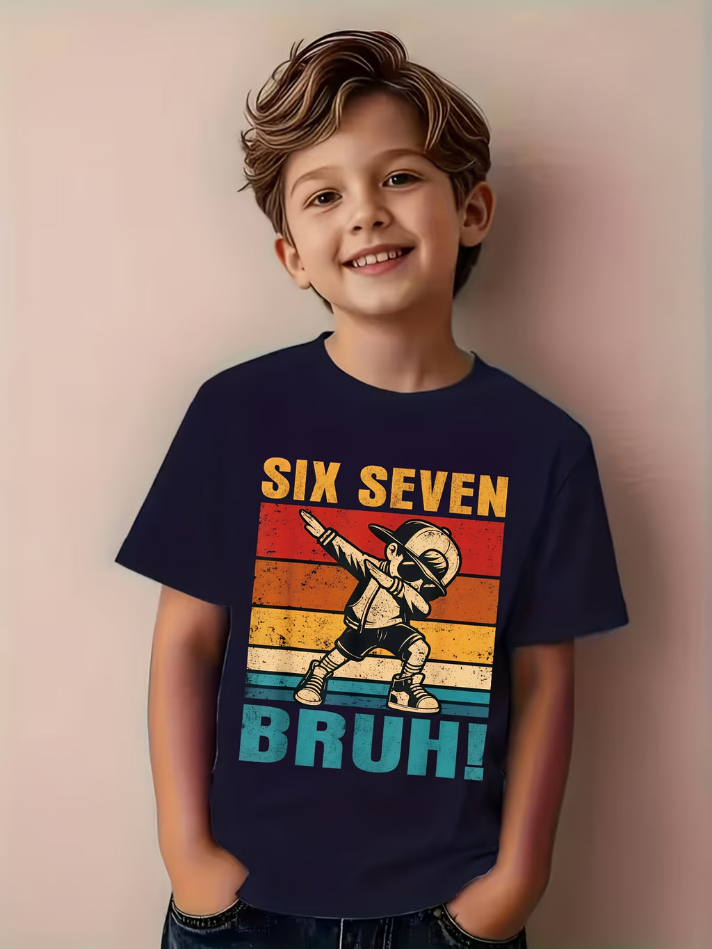 Fun Six Seven Bruh Internet Meme T-Shirt for Boys and Girls - "67" Number Design with Dab Dance Pose - Casual Round Neck Tee, Comfortable for All Seasons, Trendy Gift for Youth - "67" Graphic and Bruh Text, Spring/Summer Vacation Wear