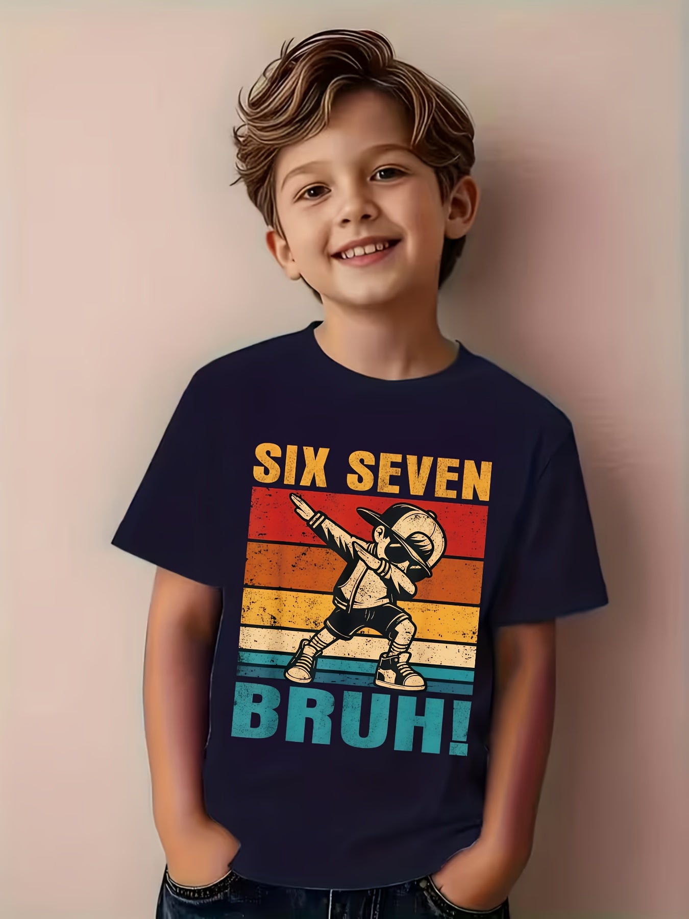 Fun Six Seven Bruh Internet Meme T-Shirt for Boys and Girls - "67" Number Design with Dab Dance Pose - Casual Round Neck Tee, Comfortable for All Seasons, Trendy Gift for Youth - "67" Graphic and Bruh Text, Spring/Summer Vacation Wear