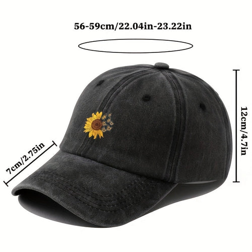 1pc Unisex Sunshade Washed Distressed Baseball Cap With Sunflower Butterfly Pattern For Outdoor Sport, Ideal choice for Gifts