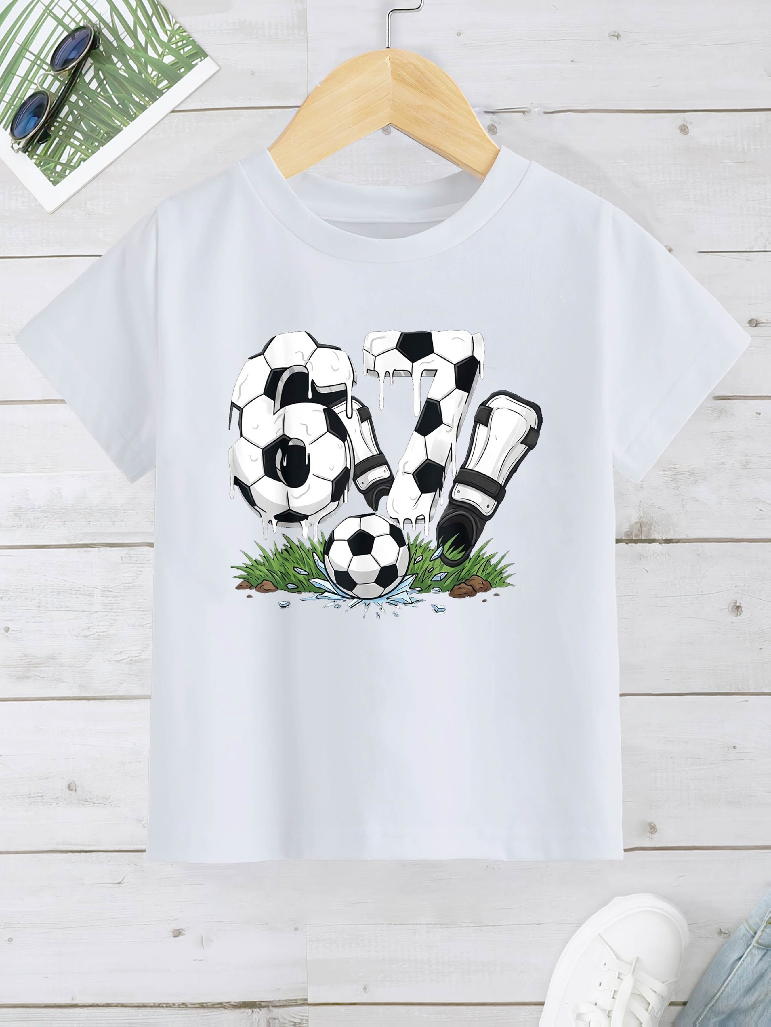 Children's Football "67" T-shirt - Neon Green and Turquoise Football Pattern with Drip Design, Suitable for Casual Round Neck T-shirt of Fans and Players