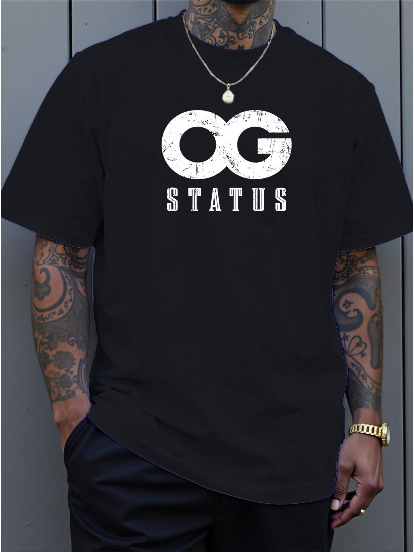 Men's Large 'OG Status' Graphic T-Shirt - Bold White OG Lettering Crew Neck Short Sleeve Shirt, Casual Summer Streetwear with Comfortable Fit & Machine Washable Suitable for Casual Attire, Gym, Lounge, PLUS SIZE