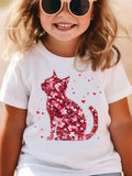 Cute girls' T-shirts, including a cat print T-shirt with faux sequin design, a romantic red floral print T-shirt, a round neck short-sleeved casual top, the perfect choice for summer outings.