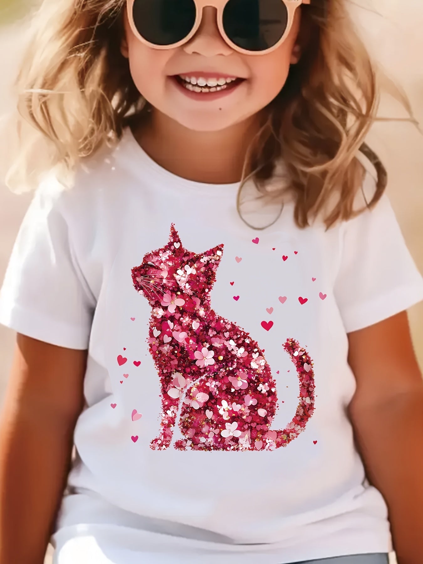 Cute girls' T-shirts, including a cat print T-shirt with faux sequin design, a romantic red floral print T-shirt, a round neck short-sleeved casual top, the perfect choice for summer outings.